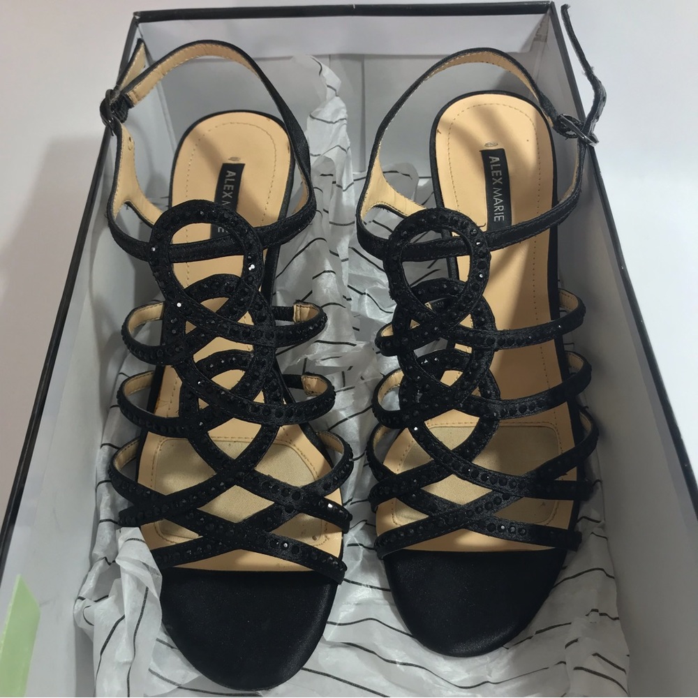 Alex Marie Giani Black Satin and Rhinestone Studded Strappy Sandals - Picture 14 of 16